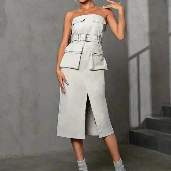 Light Grey Casual Womens Flap Pocket Split Thigh Belted Tube Dress - Picture 4 of 5